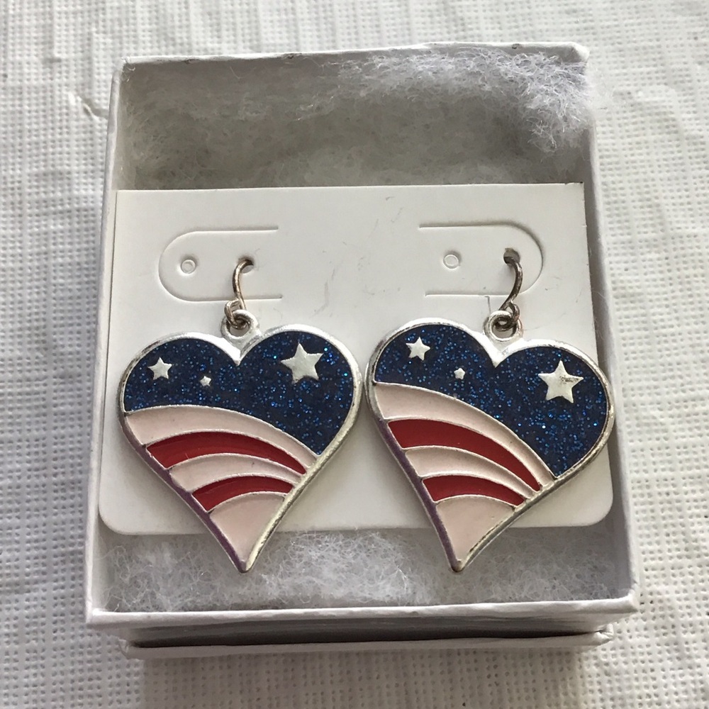 Patriotic Heart Dangle Earrings - Blue, Red & White